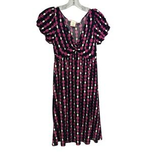 Y2K 90's Max Studio Babydoll Puff Sleeve Black Dress Magenta White Polkadot XS